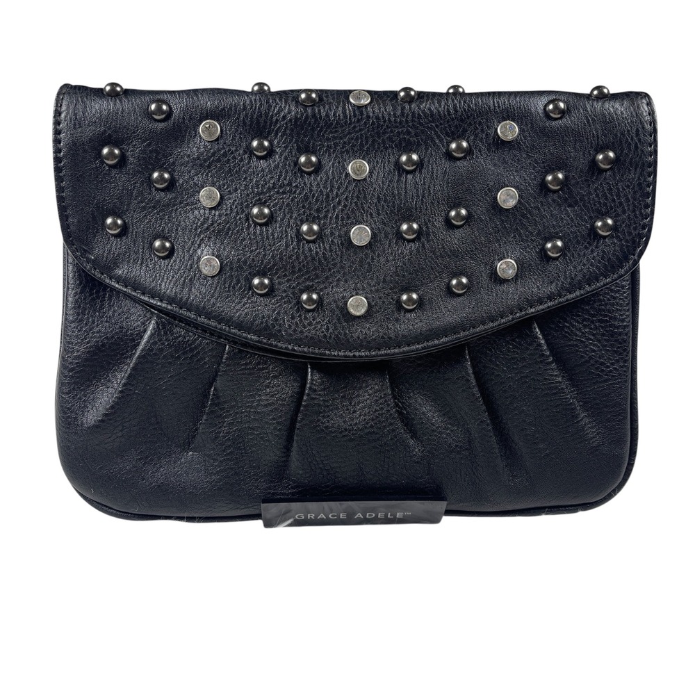 Grace Adele Black Pebbled Leather Studded Crystal Crossbody Clutch Bag Small